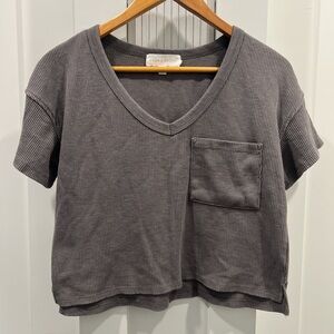 Charcoal V-Neck Waffle Knit Crop Top